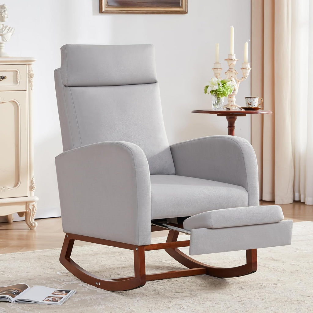 Rocking Chair Nursery High Back Rest Glider Rocker with Footrest Nursing Rocking Chairs Upholstered Accent Arm Chair for Living Room Bedroom Indoor, Light Gray