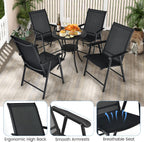 Tangkula Set of 6 Patio Folding Chairs, Outdoor Fabric Dining Chairs with High Back & Armrests, Sturdy Metal Frame for Patio Lawn Garden (Black)