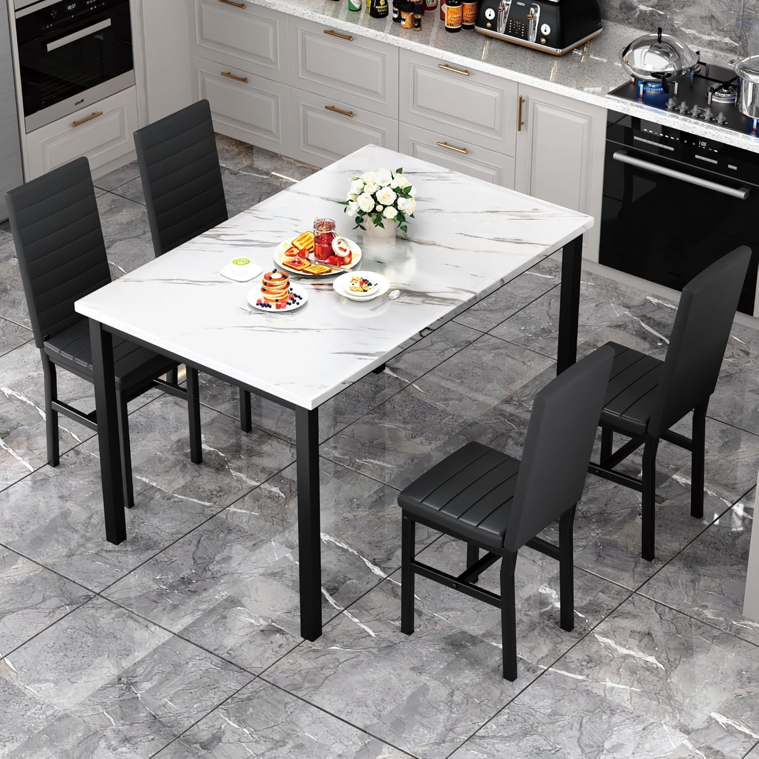 Hooseng 5 Piece Dining Table Set for 4, Faux Marble Kitchen Table with Upholstered Chairs, Modern Dinner Table Set for Dining Room, Small Spaces, White＆Black