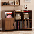 IRONCK Mid-Century Modern Record Player Stand, Record Player Cabinet with Door & Display Shelf, Vinyl Record Storage Cabinet for Living Room & Entertainment Room, Walnut