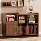 IRONCK Mid-Century Modern Record Player Stand, Record Player Cabinet with Door & Display Shelf, Vinyl Record Storage Cabinet for Living Room & Entertainment Room, Walnut