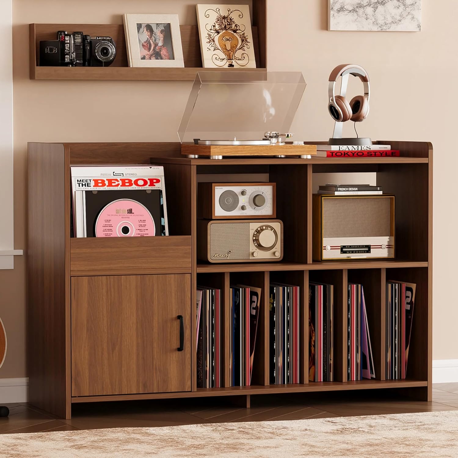 IRONCK Mid-Century Modern Record Player Stand, Record Player Cabinet with Door & Display Shelf, Vinyl Record Storage Cabinet for Living Room & Entertainment Room, Walnut