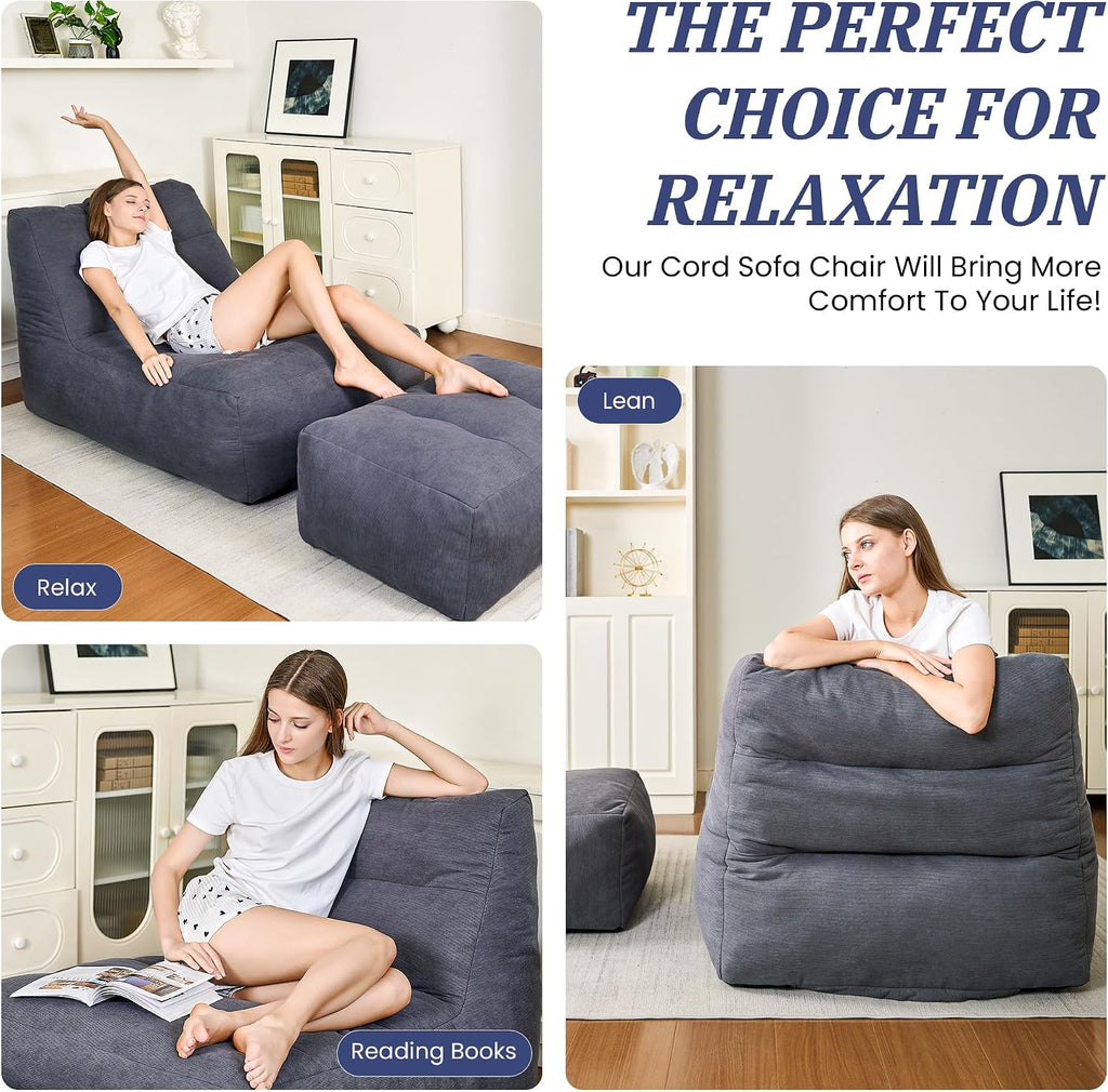 Bean Bag Chair with Ottoman, Giant Bean Bag Chairs for Adults with Memory Foam, Comfy Bean Bag Sofa for Bedroom, Lounge Beanbag of Reading and Gaming with Filler Included (Grey)