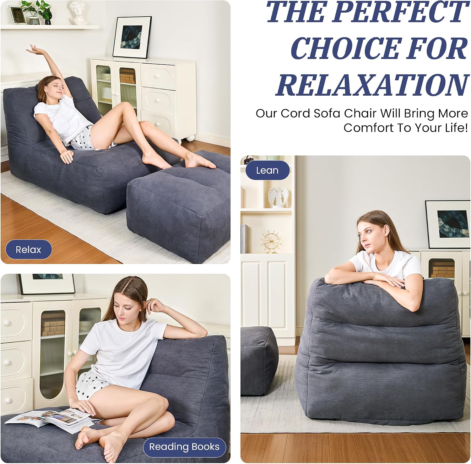 Bean Bag Chair with Ottoman, Giant Bean Bag Chairs for Adults with Memory Foam, Comfy Bean Bag Sofa for Bedroom, Lounge Beanbag of Reading and Gaming with Filler Included (Grey)