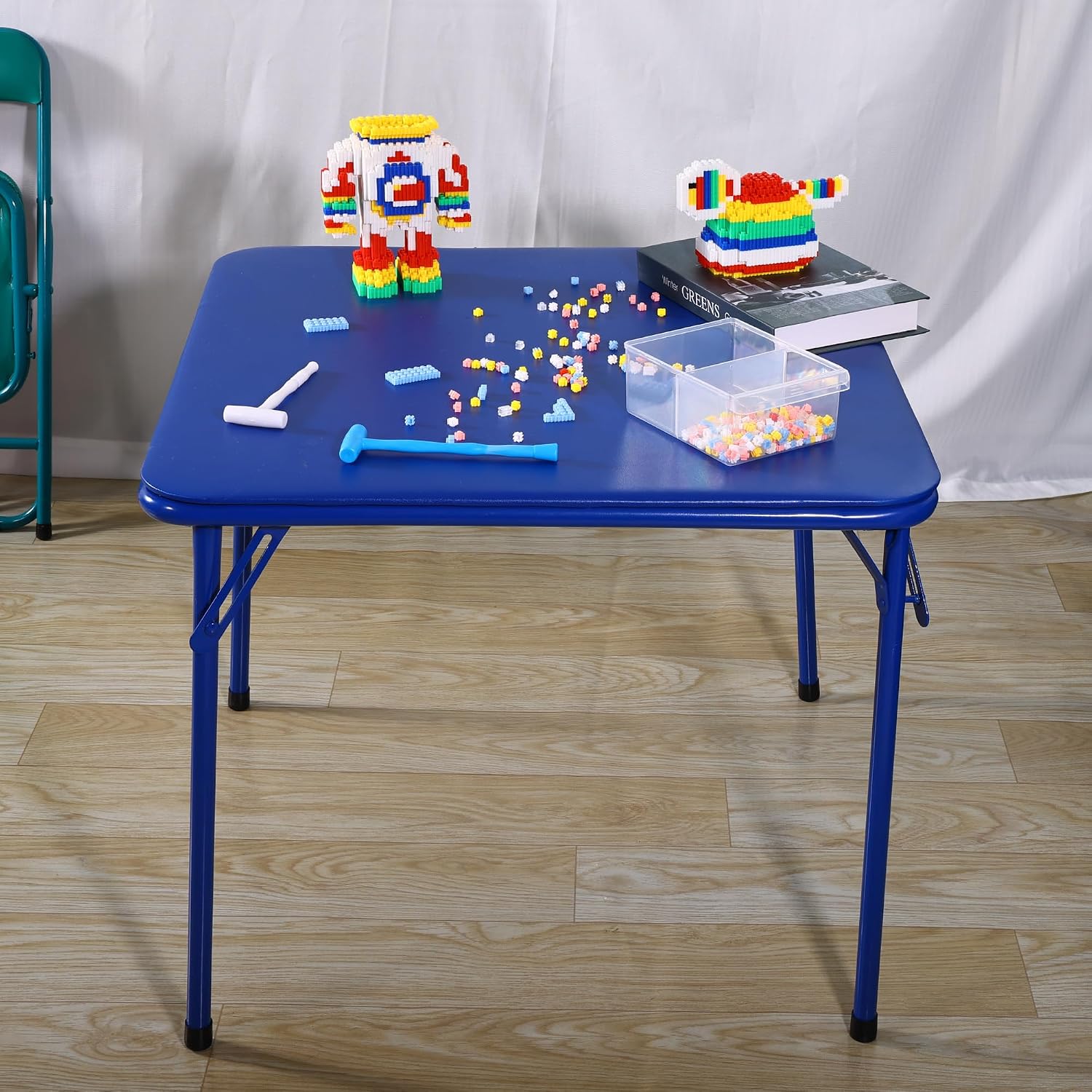 Peekabu Kids Folding Square Table Collapsible Legs Card Table with Padded Tabletop Small Foldable Toddler Activity for Indoor Outdoor, 23.5" W X 23.5" D X 20.5" H, Blue