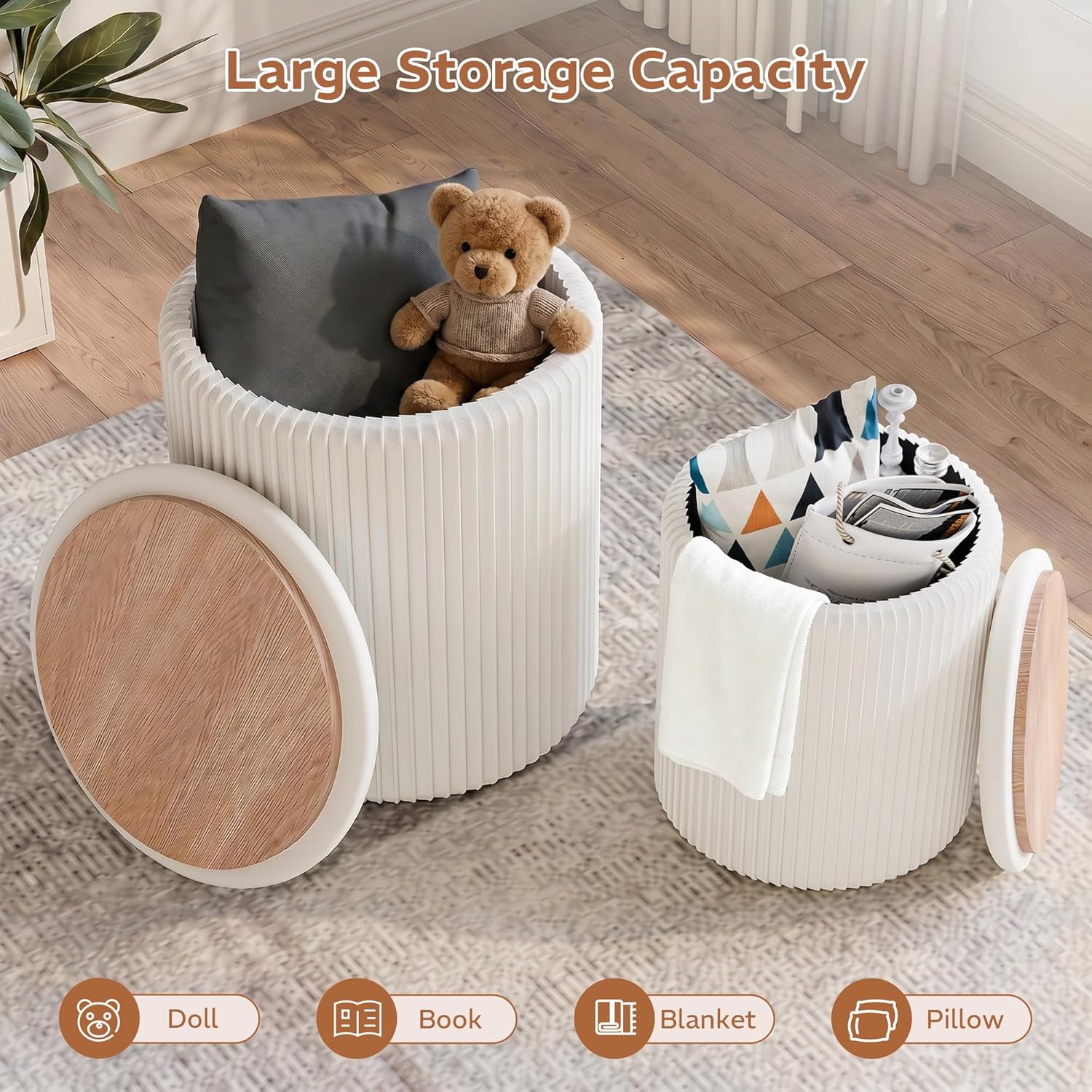 Round Ottoman with Storage Set of 2, Breathable Cotton & 300LBS Engineered Wood Frame, Nesting Side Table with Blanket Storage, No Assembly Cozy Vanity Stools for Living Room, Beige