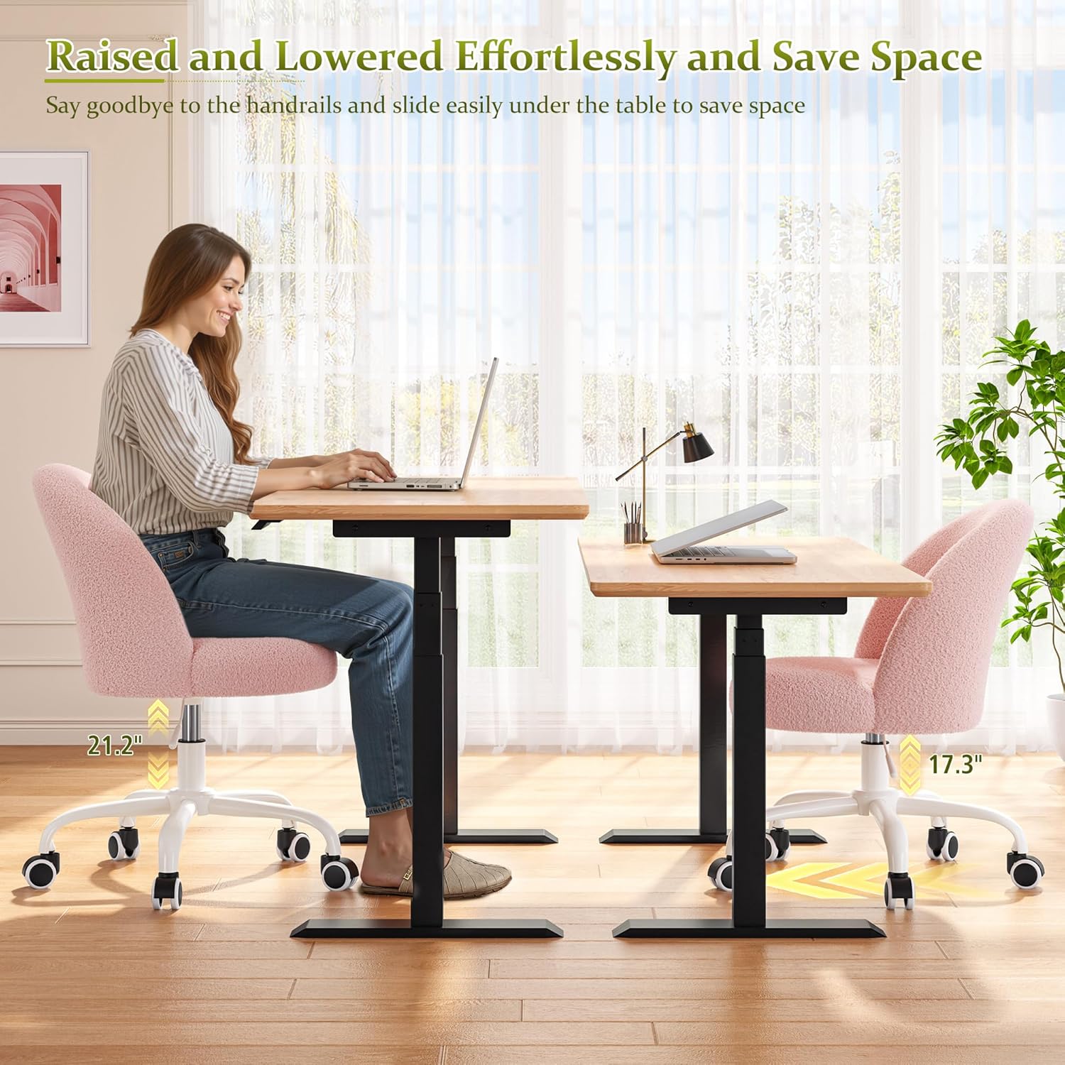 DurayLoly Vanity Chair with Wheels, Cute Desk Chair with Back, Armless Chair with Height Adjustable & 360° Swivel, Soft Lumbar Support for Small Space, Bedroom, Gentle Pink