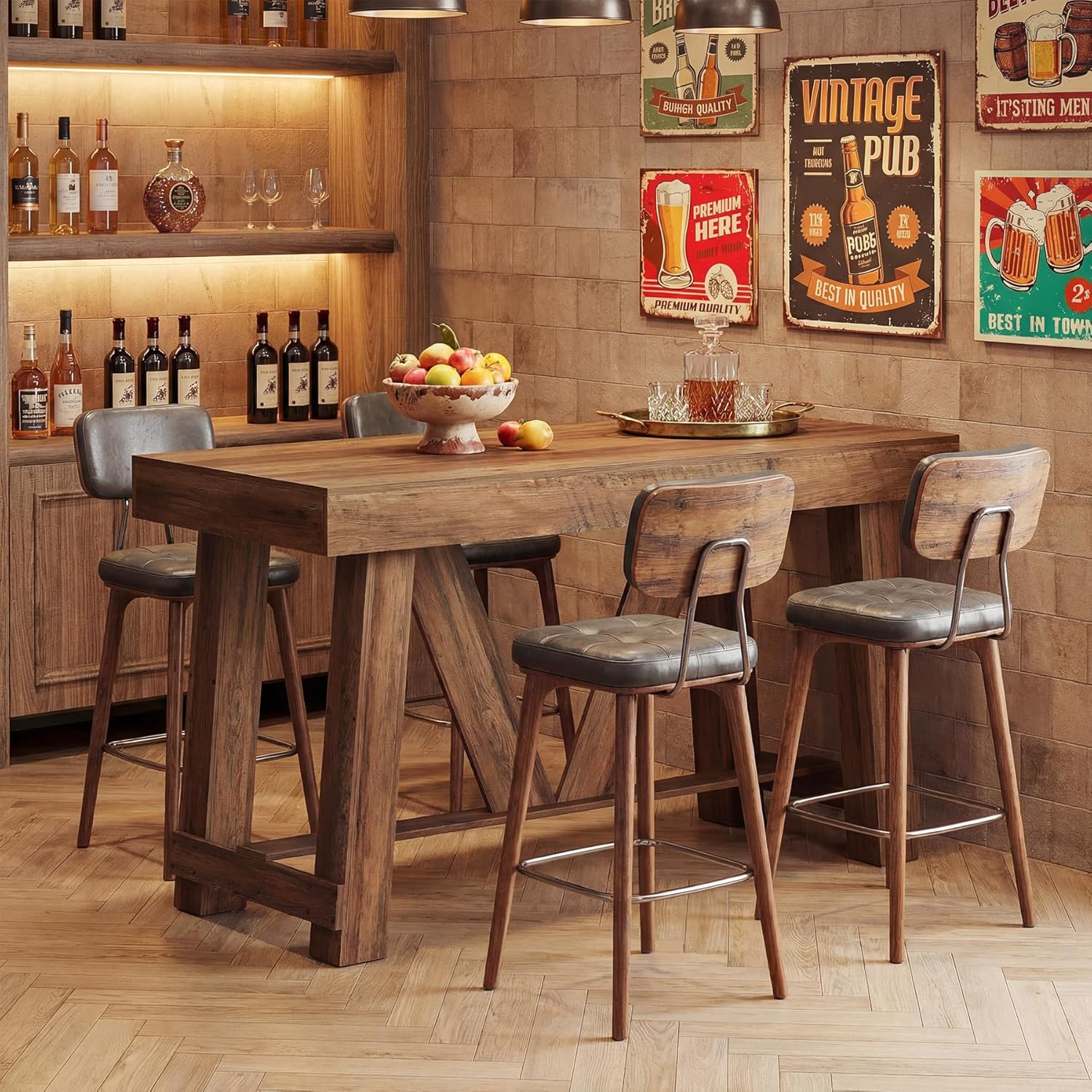 LITTLE TREE Bar Table, 55'' Long Counter Height Pub Table, Farmhouse Wooden Tall Bistro Tabletop, Rectangular Home Coffee Bar Unit for Dining Room, Kitchen, Living Room, Basement, Rustic Brown