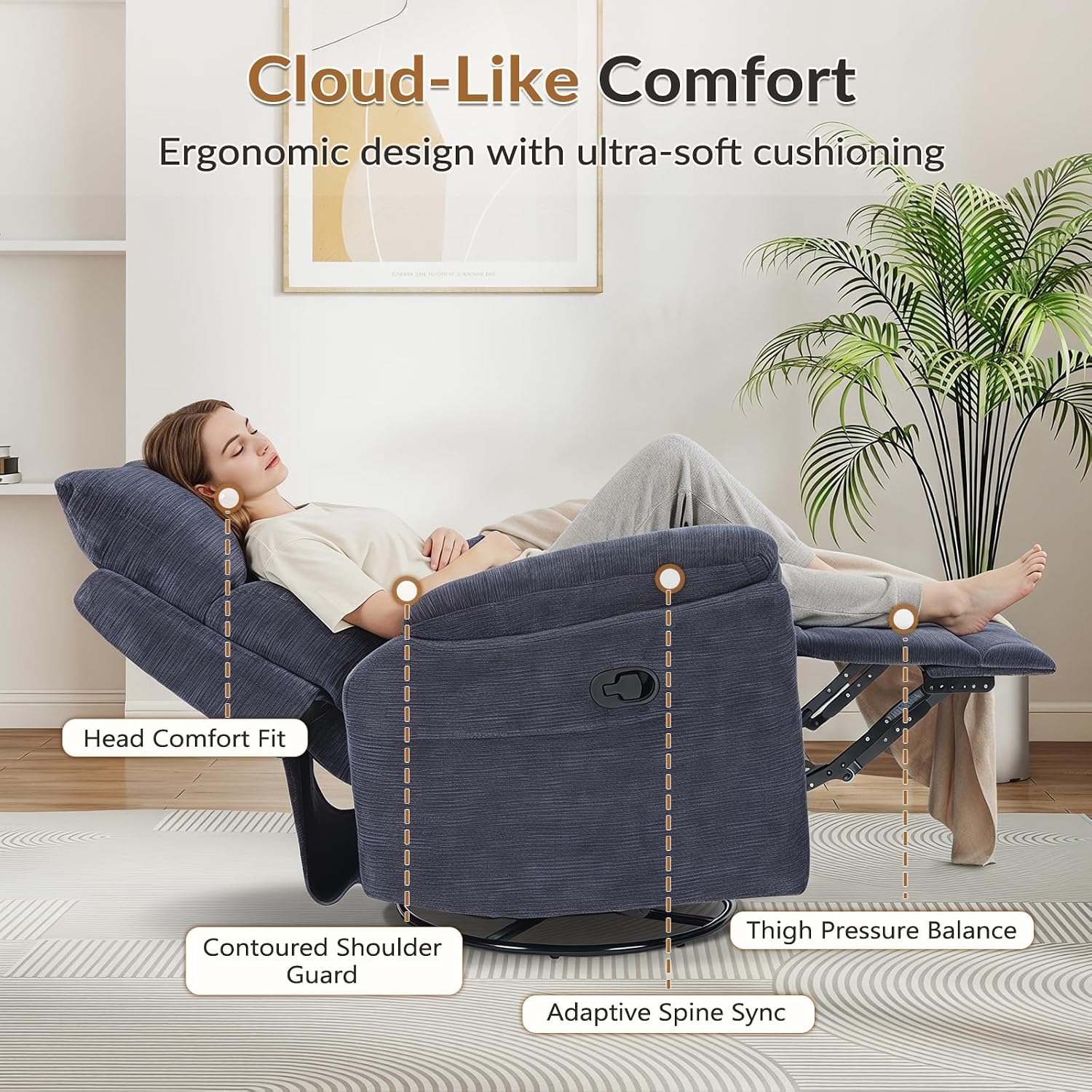 ANJ Swivel Rocker Recliner Chair Nursery Manual Glider Rocking Recliner Chairs for Adults, Fabric Rocking Chair Nursery, 360° Swivel Lazy Boy Recliner Chairs for Living Room, Slate Blue