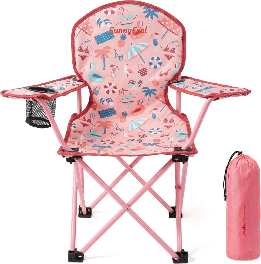 SUNNYFEEL Kids Folding Camping Chair for Ages 4-8 Boys and Girls, Pink | Dual-lock safety prevents collapse, 125 lbs capacity, 3.5 lbs Lightweight with Carry Bag & Cup Holder for Beach, Camping