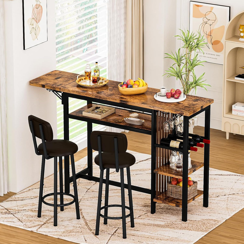 Recaceik Bar Dining Table Set, 59" Expandable Kitchen Counter Height Dining Table Set with Storage Shelves, Cup Holder & Wine Rack, PU Upholstered Stools Bar Table Set with Backrest for Kitchen
