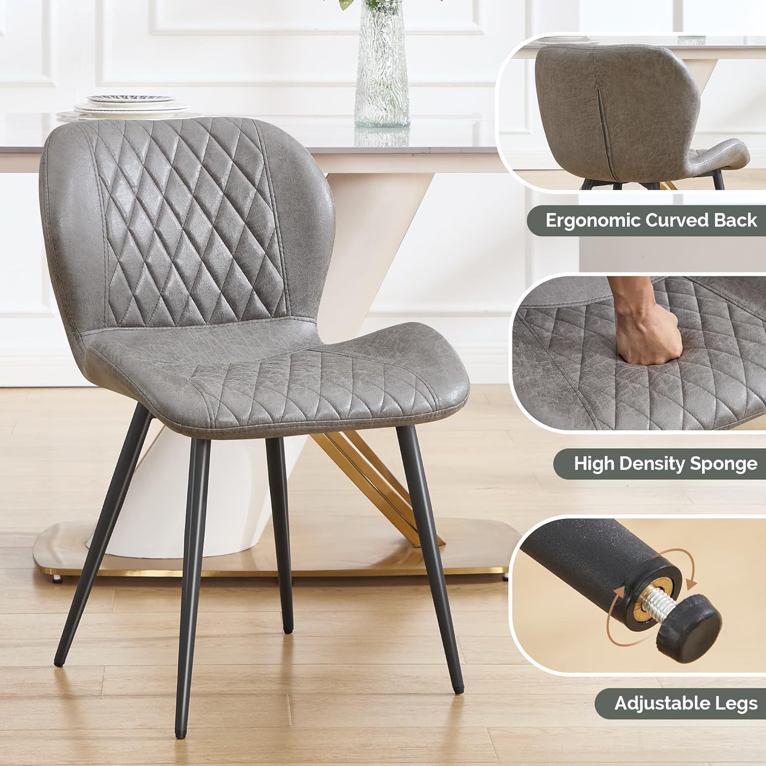 Dining Chairs Set of 4, Comfy Modern Dining Chairs with Thick Cushions, Upholstered Fabric Kitchen Side Chairs with Adjustable Metal Legs for Dining Room (Light Grey)