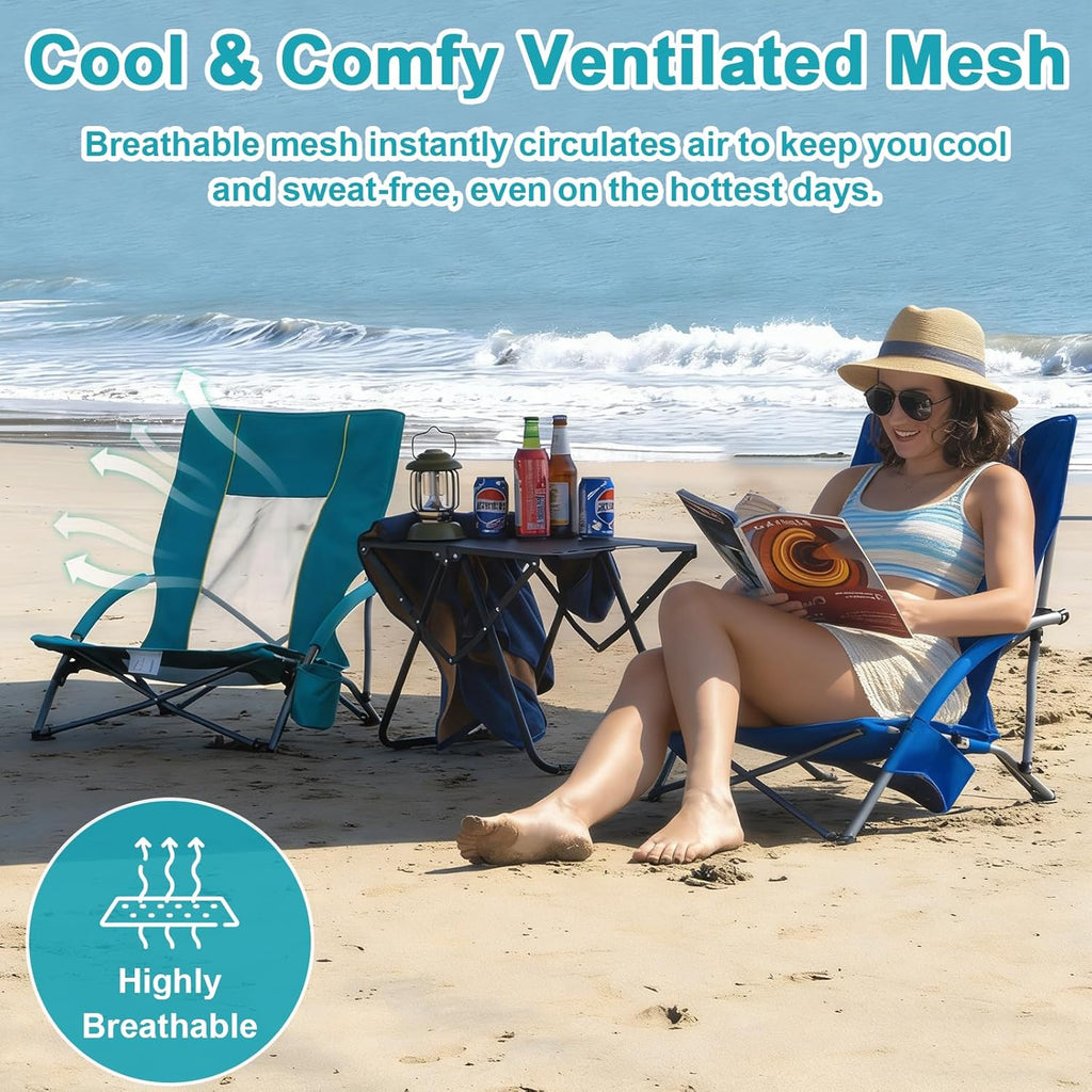 Romswi 2 Pack Lightweight Low Beach Chairs with Breathable Mesh Back,6LBS Folding Portable Sand Chairs with Cup Holder, Heavy Duty 300lbs Capacity for Camping & Outdoor Use,Green
