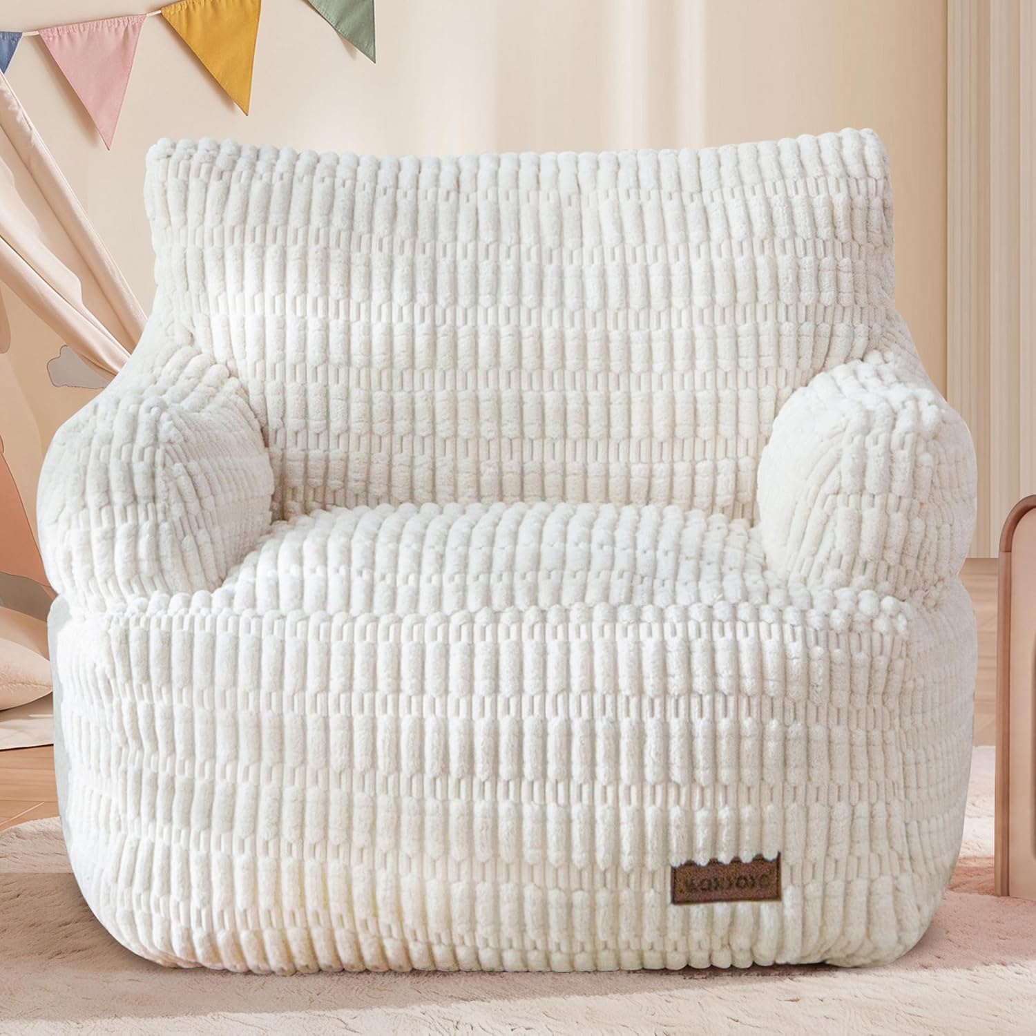 MAXYOYO Bean Bag Chair for Kids, Toddler Bean Bag Sofa with Armrest, Comfy Lazy Chair with Convenient Pockets, Floor Sofa with Filler for Gaming, Reading, Beige
