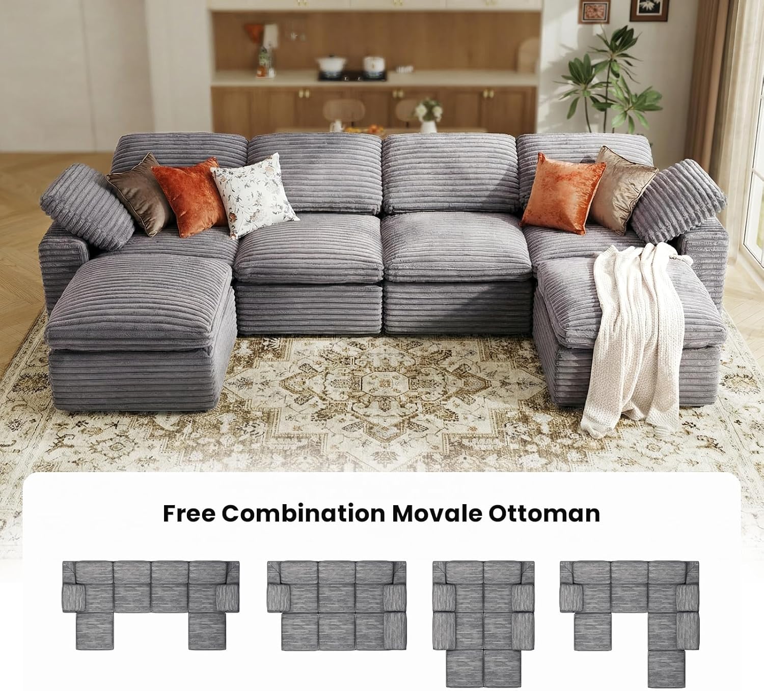 KKL 150" Modular Sectional Sofa, Cloud Sectional Couch U-Shaped with Ottoman, Corduroy Boneless Couch for Living Room Bedroom, Deep-Seat Upholstered Modular Cloud Sofa, No Assembly Required, Grey