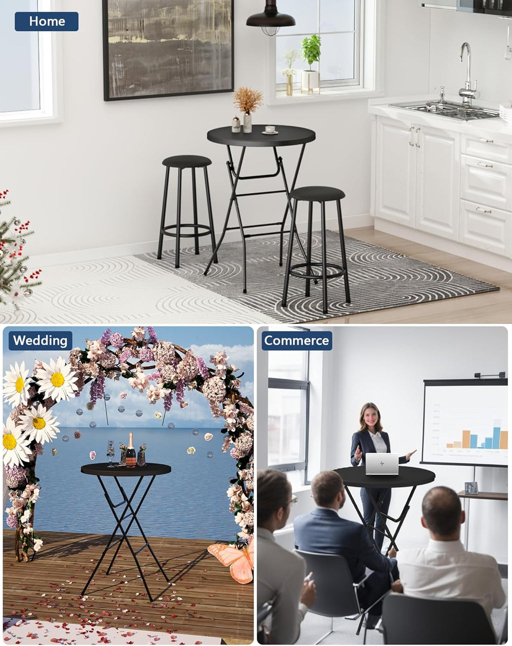 Round Folding Table, 32" Bar Height Tables for Parties and Commercial Events, Portable Plastic Table w/Thick Table Top, Metal Frame, Locking Legs, Indoor Outdoor Accessory, 2 Pack, Black