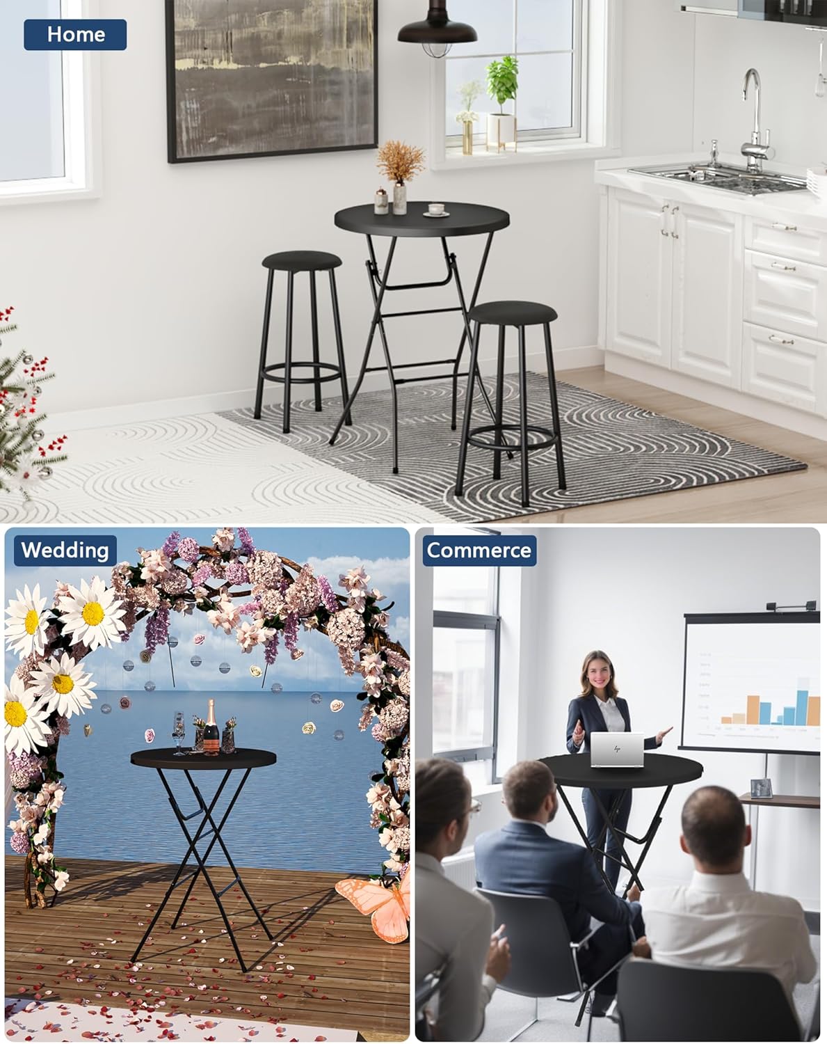 Round Folding Table, 32" Bar Height Tables for Parties and Commercial Events, Portable Plastic Table w/Thick Table Top, Metal Frame, Locking Legs, Indoor Outdoor Accessory, 2 Pack, Black