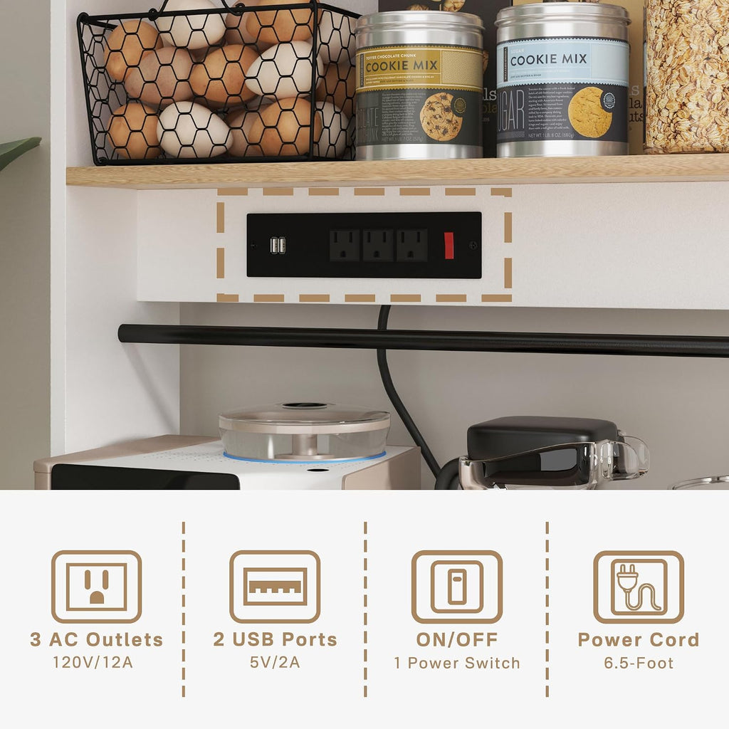 Pantry Cabinet with Charging Station,Kitchen Pantry Storage Cabinet with Microwave Stand,Freestanding Buffet Cabinet with Doors, Adjustable Shelves,Farmhouse Food Pantry for Living Room