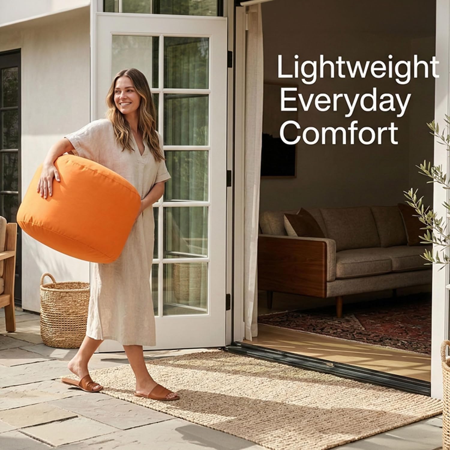Gouchee Home Dotcom Soleil Bean Bag Round Pouf Ottoman, Orange - Waterproof, Fade-Resistant Ottoman Foot Rest for Outdoor Chair Filled with High-Density Polystyrene Beads, 20" D x 12" H