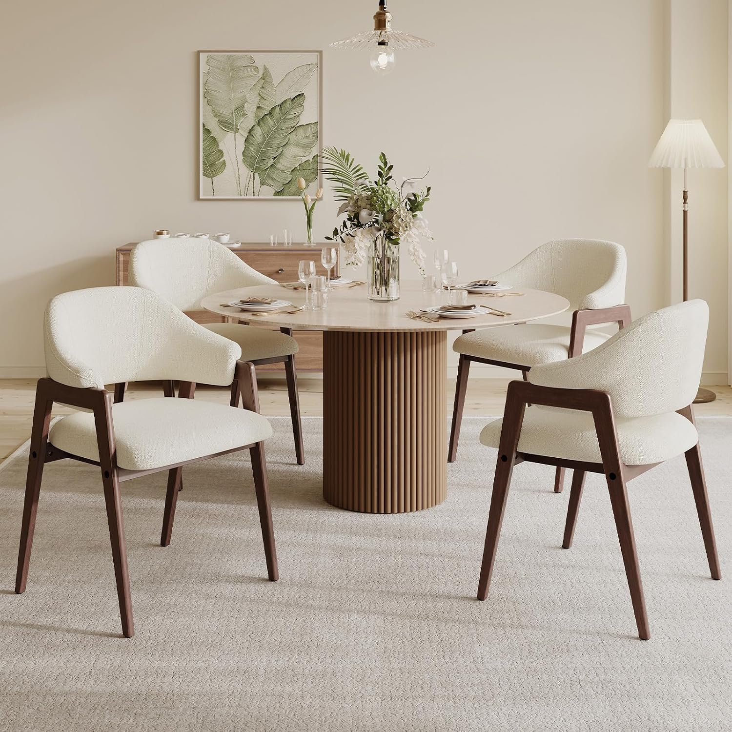 MALOL Wooden Dining Chairs Set of 4, Modern Fabric Upholstered Dining Room Chair, Kitchen Side Chairs, Farmhouse Dinner Chair with Curved Open Back for Kitchen, Beige