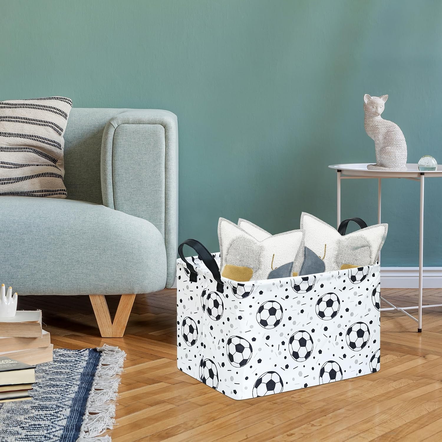 Kids Storage Basket with Soccer Print, 14.5" x 10.2" x 9.1", Waterproof with Leather Handles, Collapsible Rectangular Bin for Boys Sports Gear, Toys & Laundry