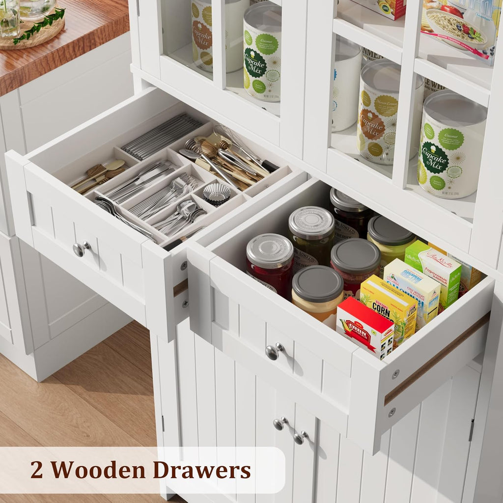 BOTLOG 71" Tall Kitchen Pantry Storage Cabinet, Pantry Cabinet with Drawers and Glass Doors, Freestanding Kitchen Cupboard for Dining Room, Laundry, White