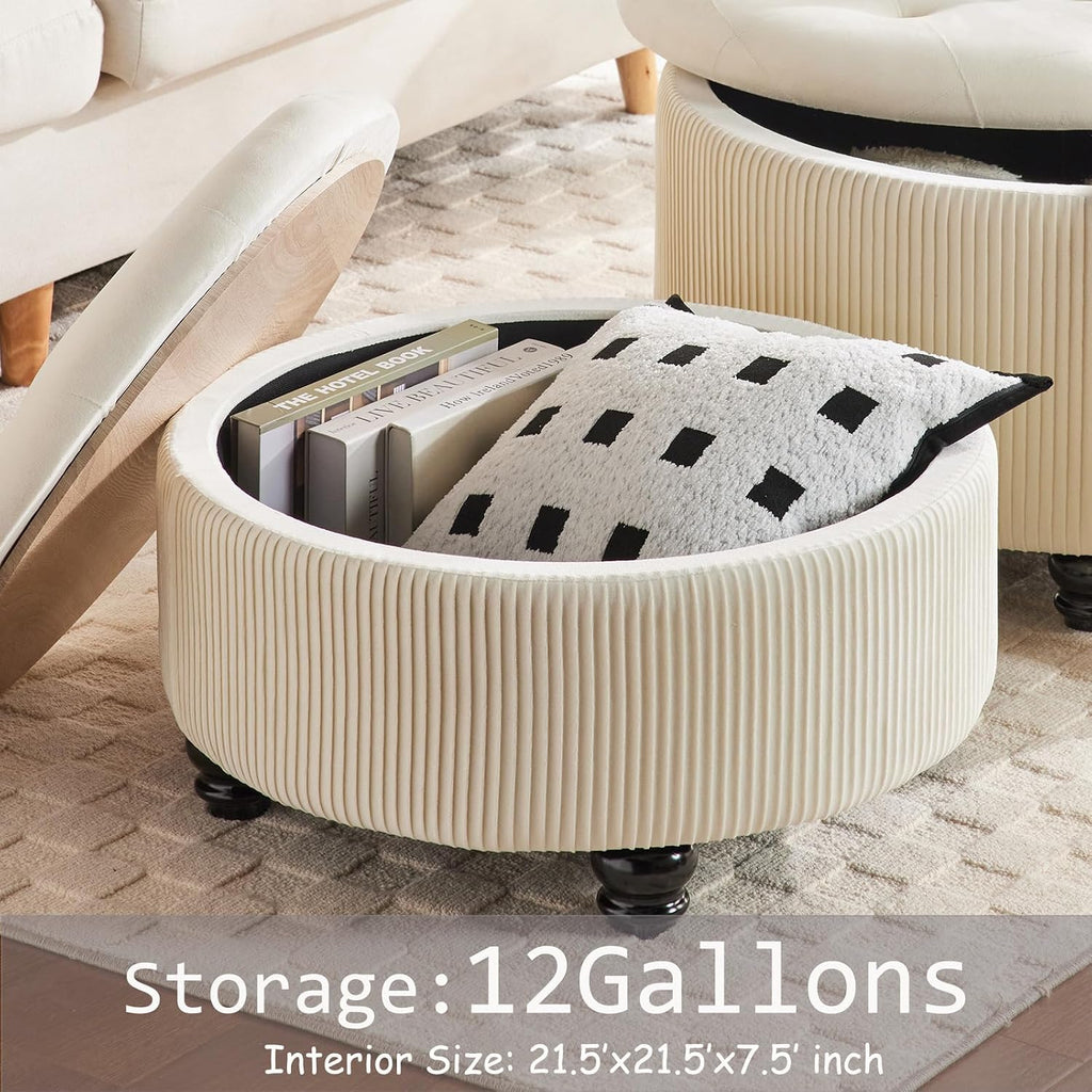 4-in-1 24Inch Round Storage Ottoman, Modern Tufted Fabric Circle Storage Coffee Table with Removable Lid, Upholstered Storage Ottoman with Tray for Living Room (Off White)