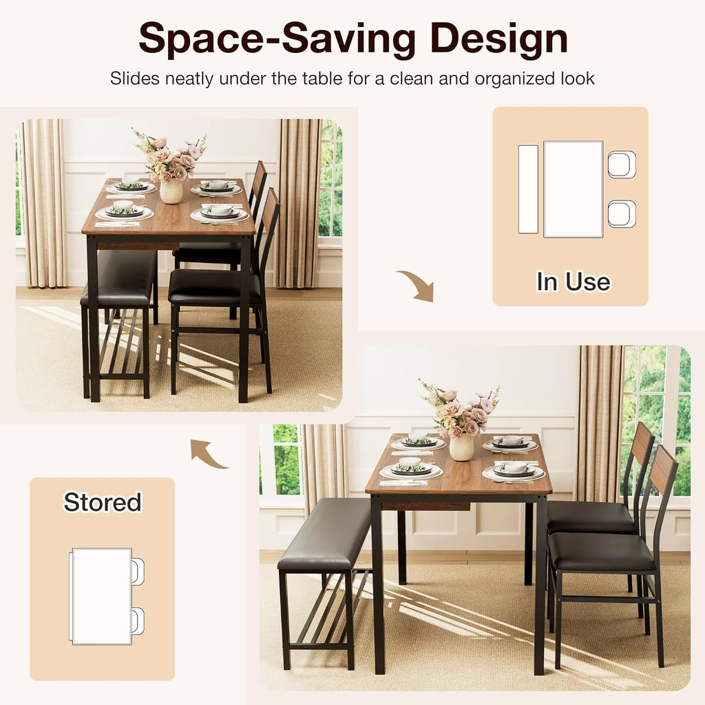43.3" Dining Table Set for 4 with Drawer Storage, Dining Table with Chairs and Upholstered Bench, Lower Shelf, Space-Saving Wooden Table for Apartment, Kitchen, Dining Room