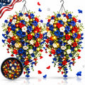 2 PCS Patriotic Hanging Flower Baskets with LED Lights, Red White and Blue Artificial Flowers for Outdoor Porch Decor, UV Resistant Faux Flowers for 4th of July, Memorial Day Garden Patio Decor