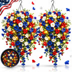 2 PCS Patriotic Hanging Flower Baskets with LED Lights, Red White and Blue Artificial Flowers for Outdoor Porch Decor, UV Resistant Faux Flowers for 4th of July, Memorial Day Garden Patio Decor