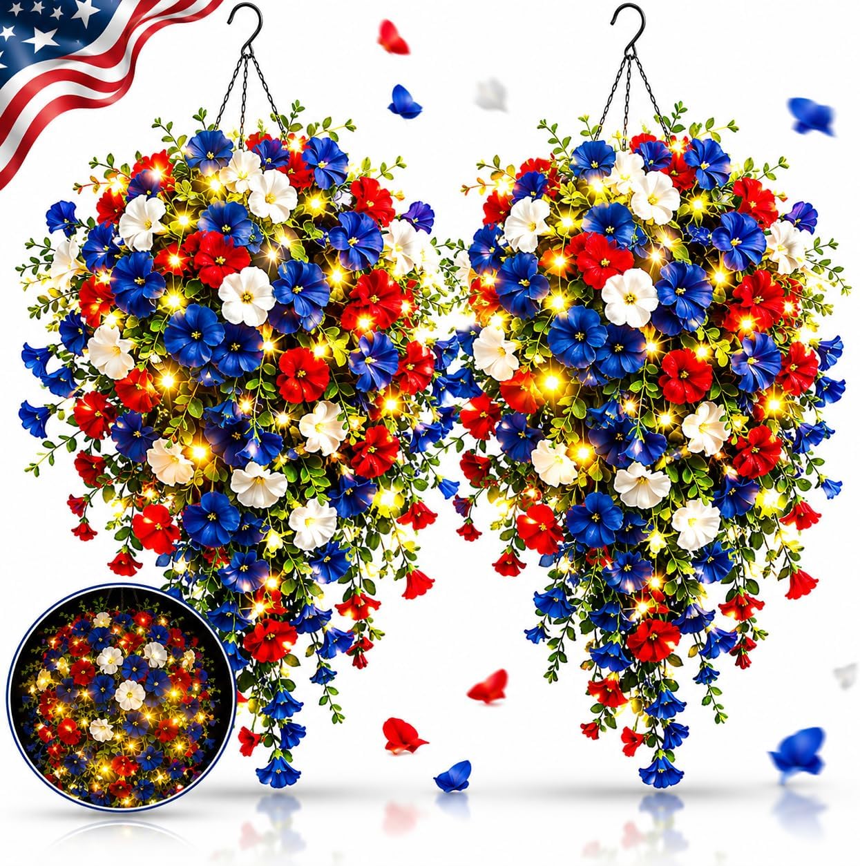 2 PCS Patriotic Hanging Flower Baskets with LED Lights, Red White and Blue Artificial Flowers for Outdoor Porch Decor, UV Resistant Faux Flowers for 4th of July, Memorial Day Garden Patio Decor