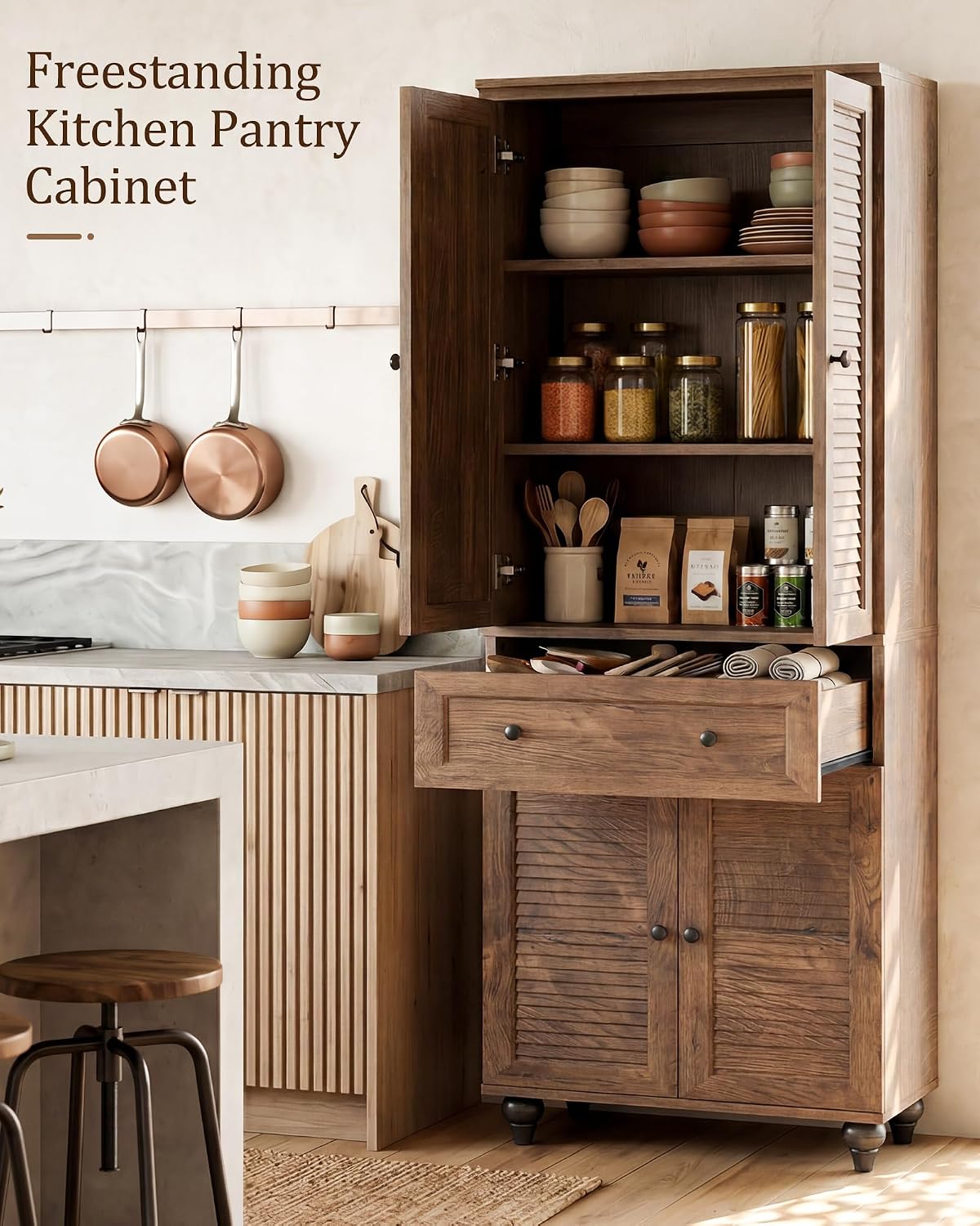 80" Kitchen Pantry Cabinet Set of 2, Farmhouse Storage Cabinets with Glass & Louvered Doors, Adjustable Shelves for Dining Room, Living Room, Home Office, Cracked Oak