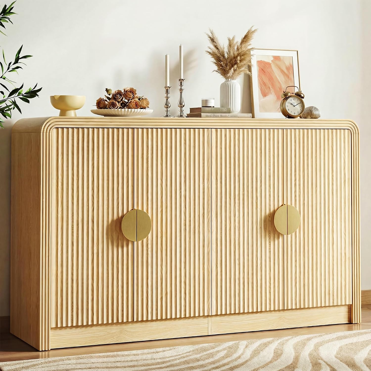 Decofy 55" Sideboard Buffet Cabinet, Mid Century Modern Console Cabinet with Wavy Grain Doors & Adjustable Shelves for Kitchen Buffet Cabinet, Living Room, Entryway, Coffee Bar Cabinet (Natural Oak)