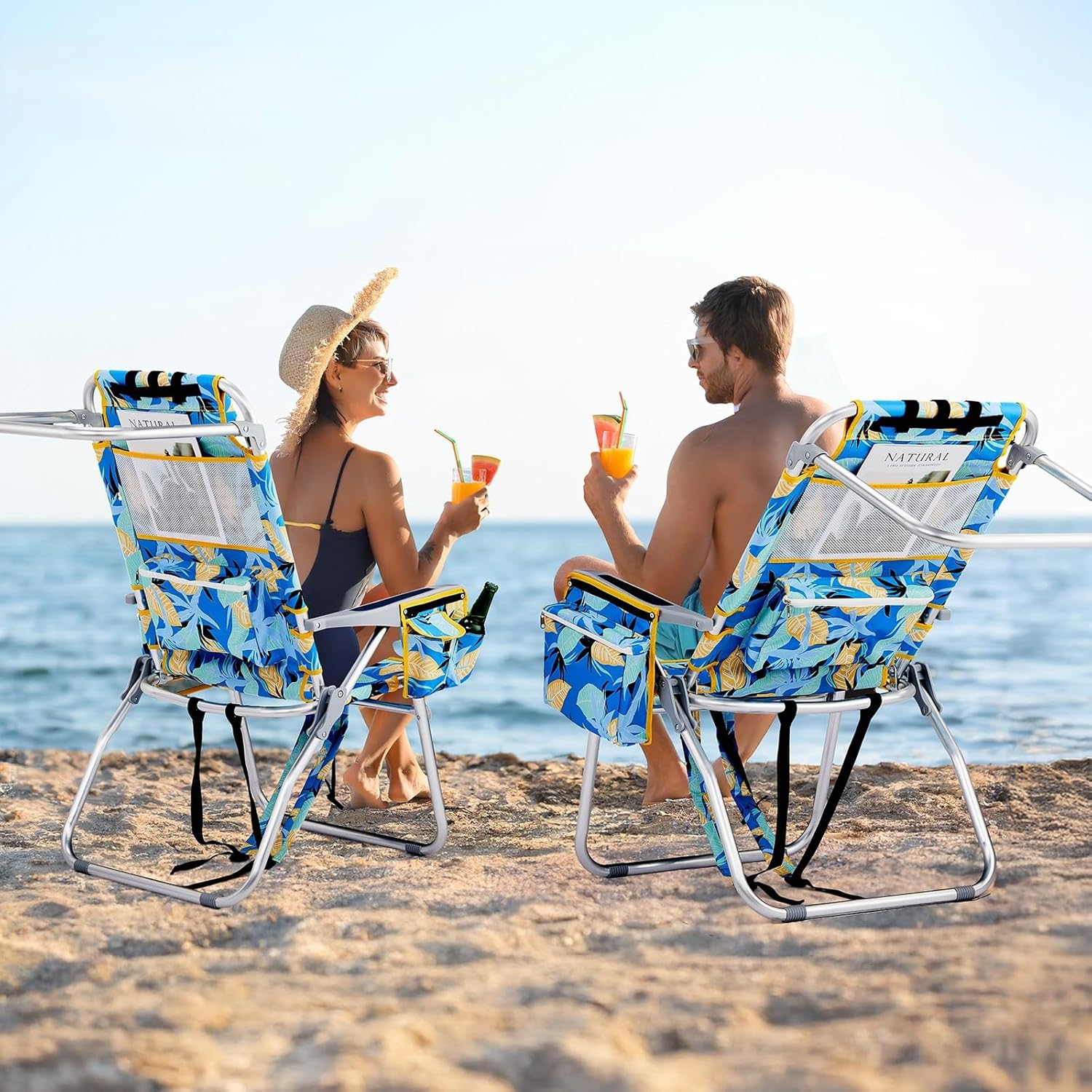 16" Tall Beach Chairs for Adults,2-Pack Lightweight Backpack Chair with 5-Position,Cooler Bag,Cup Holder,Towel Rack，Suitable for Camping Pool Patio Lawn Outdoor Travel