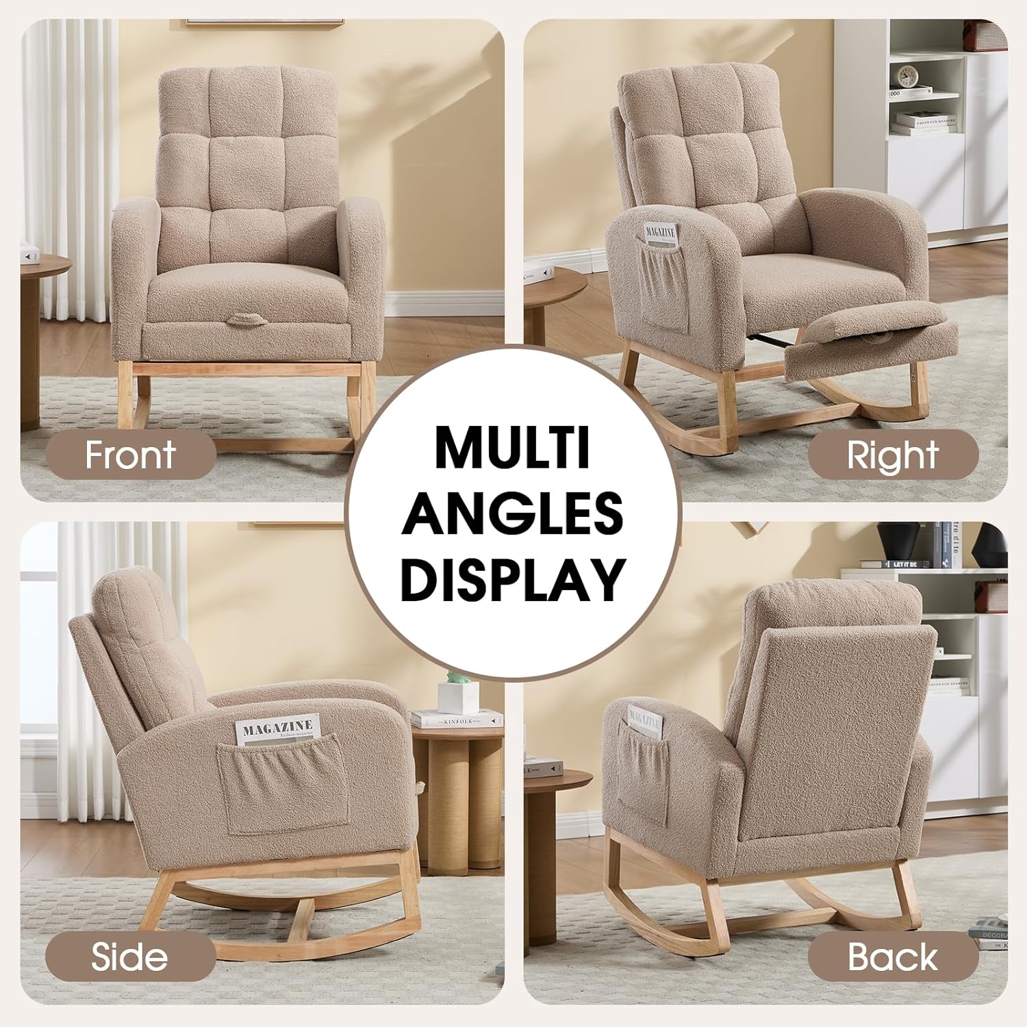 Nursery Rocking Chair, Teddy Boucle Upholstered Glider Rocker with Adjustable Footrest, High Back Rocker with Side Pockets, Comfy Accent Reading Chair for Living Room (Brown)