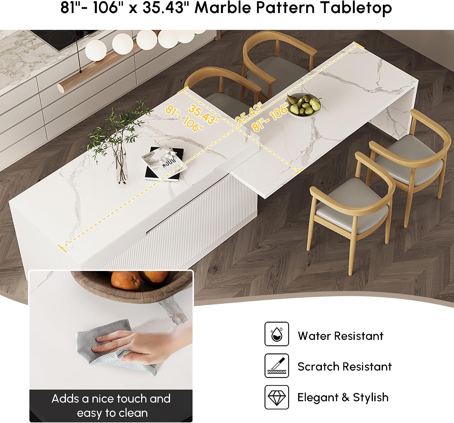 homary Extendable Kitchen Island with Storage 81"-106", White, Wood Top, Stationary Large Kitchen Cabinet with 3 Drawers, Adjustable Shelves & Pull-Out Kitchen Tables for Dining Room