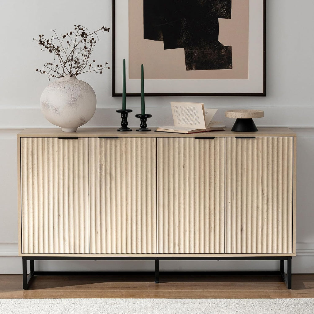 EYYTHUNG Storage Cabinet with 4 Doors, Fluted Sideboard Buffet Accent Cabinets with Adjustable Shelves, Boho Console Table Bar Storage Credenza for Living Room Dining Room Light Oak