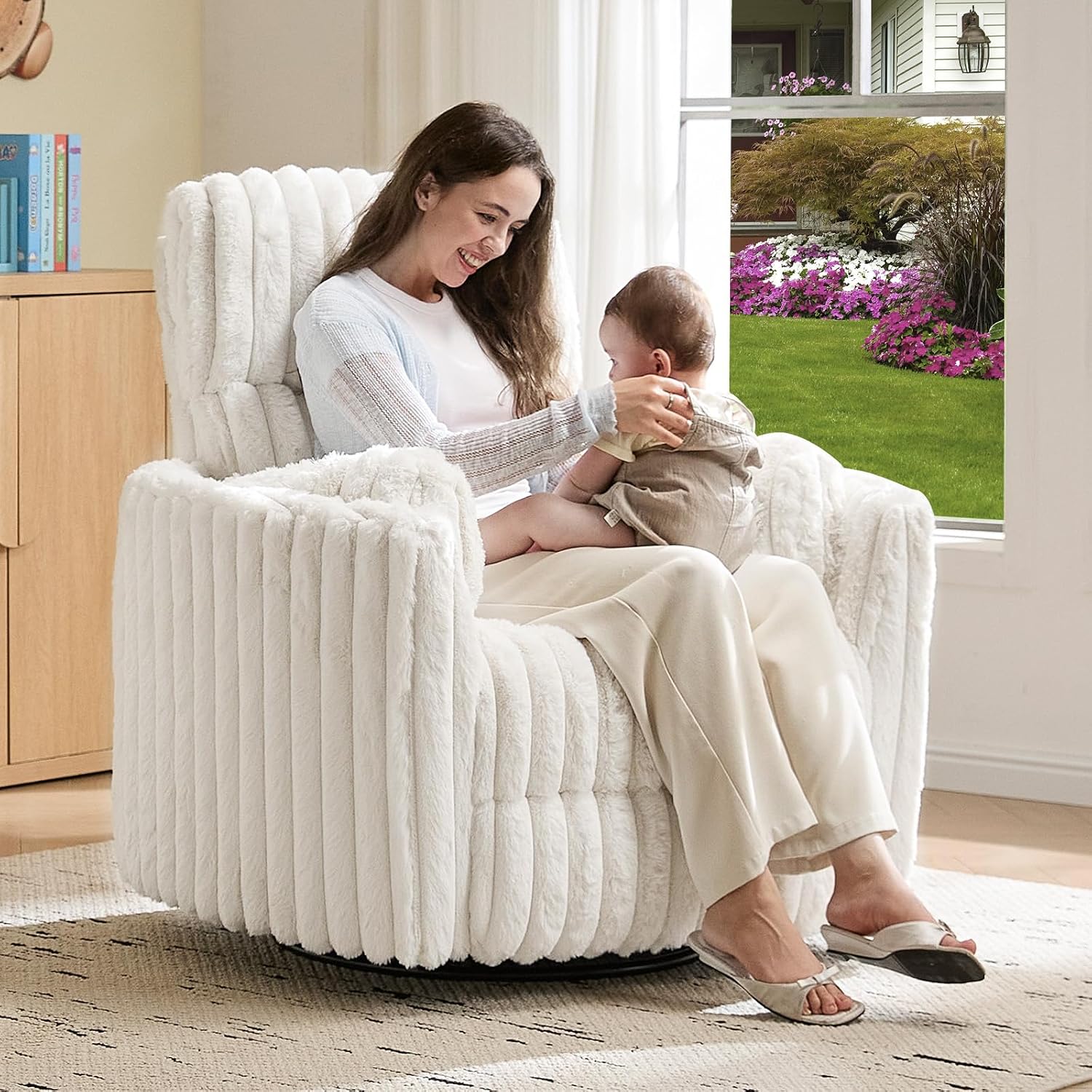 Jocisland Power Rocking Nursery Chair/Swivel Recliner/USB, Cream Corduroy | Oversized Glider Chairs,Corduroy,2 Pillows,USB & Type-C,Reclining Armchair Sofa,Living Room,Bedroom,Nursing