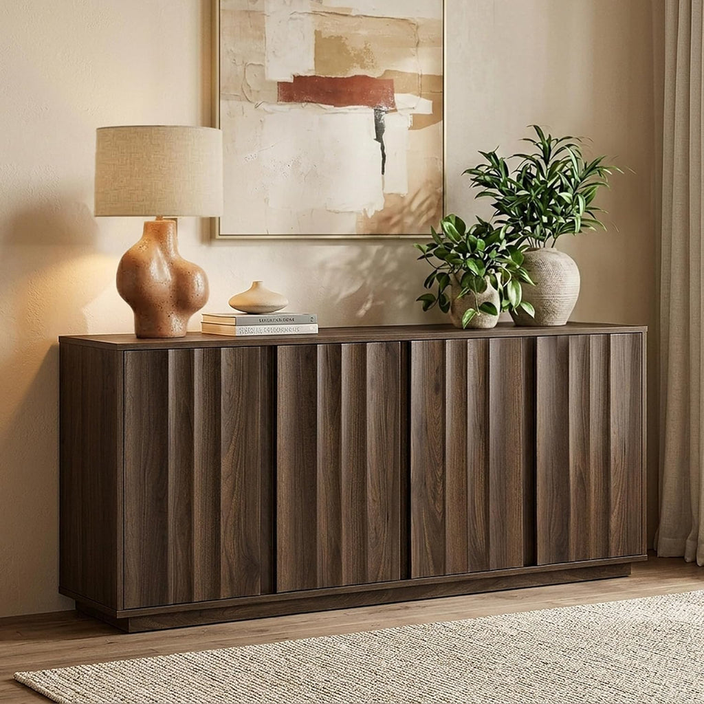 CHITA 63" Sideboard Buffet Cabinet with Storage, Wooden Console Cabinet with 4 Tereoscopic Wavy Door Panels & Adjustable Shelves, Storage Credenzas for Living Room, Kitchen, Hallway, Walnut