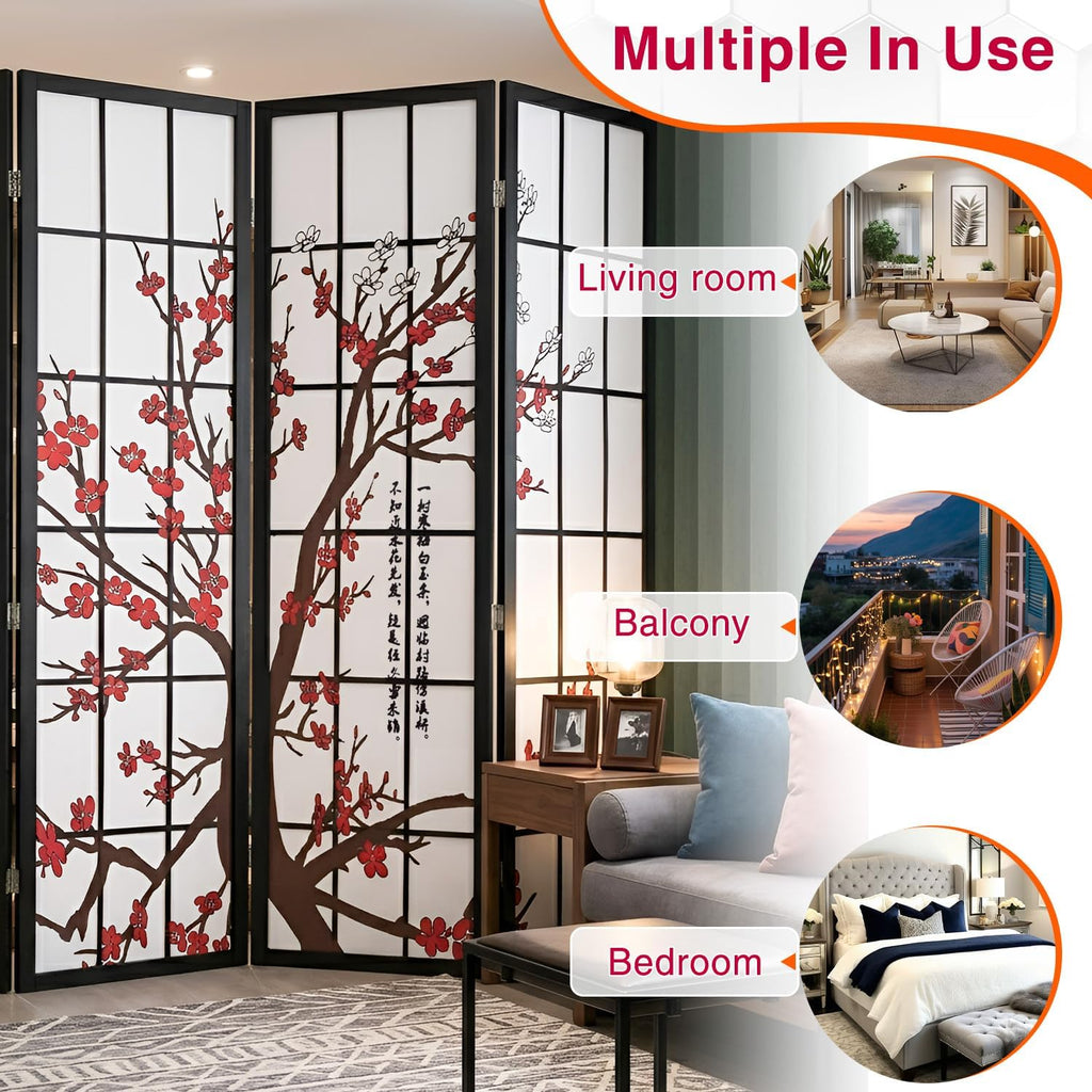 Room Divider,4 Panel Folding Privacy Divider Portable Room Separating Dividers Asian-Style Screen Wall Wood Dividers Tall Freestanding Partition Screen w/Floral Patterned