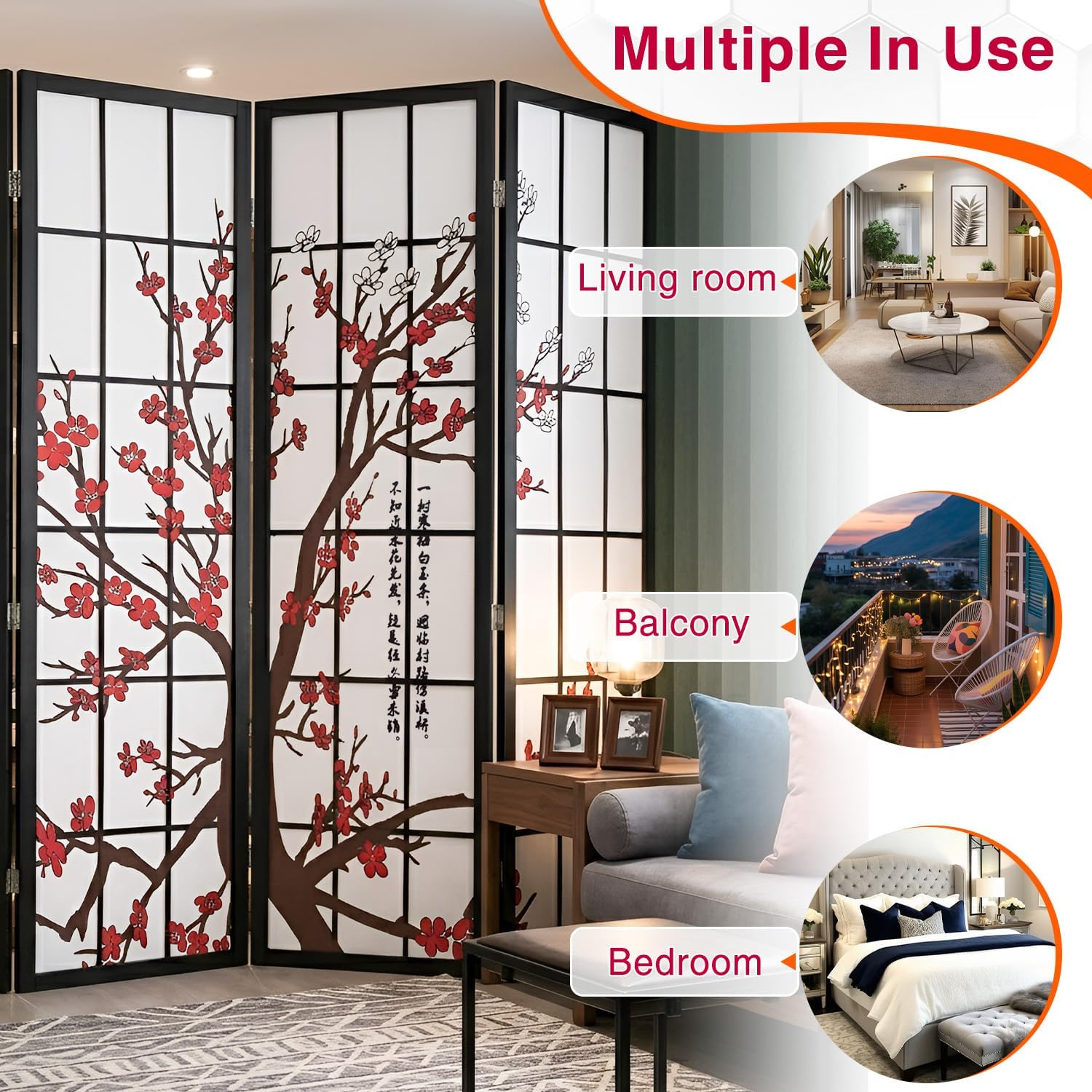 Room Divider,4 Panel Folding Privacy Divider Portable Room Separating Dividers Asian-Style Screen Wall Wood Dividers Tall Freestanding Partition Screen w/Floral Patterned