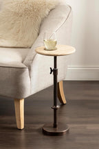 Kate and Laurel Engles Traditional Adjustable-Height Pedestal Drink Table, 10 x 10 x 30, Natural Travertine and Bronze, Round Metal Mini Table for Indoor Plant Stand with Authentic Stone Tabletop