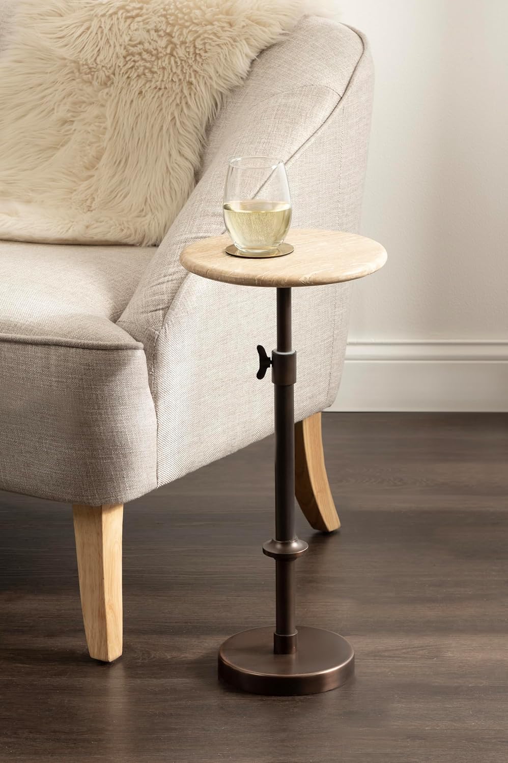 Kate and Laurel Engles Traditional Adjustable-Height Pedestal Drink Table, 10 x 10 x 30, Natural Travertine and Bronze, Round Metal Mini Table for Indoor Plant Stand with Authentic Stone Tabletop