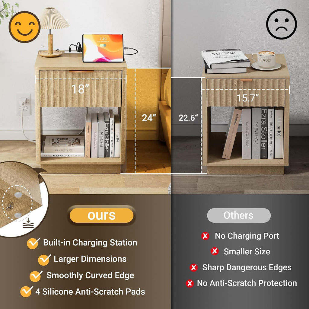 Fluted Nightstand with Charging Station, 18" W Night Stand with Metal Handle, FSC-Certified Wood, Modern End Table w/Storage, Bedside Table for Bedroom, Curved Profile Design, Natural Oak