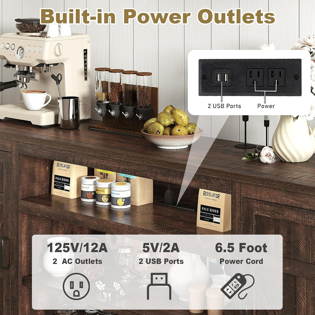 XVD 75" Farmhouse Coffee Bar Cabinet with Charging Station, Sideboard Buffet Cabinet with Large Storage, Wood Buffet Storage Cabinets with Adjustable Shelves for Kitchen, Living Room, Brown