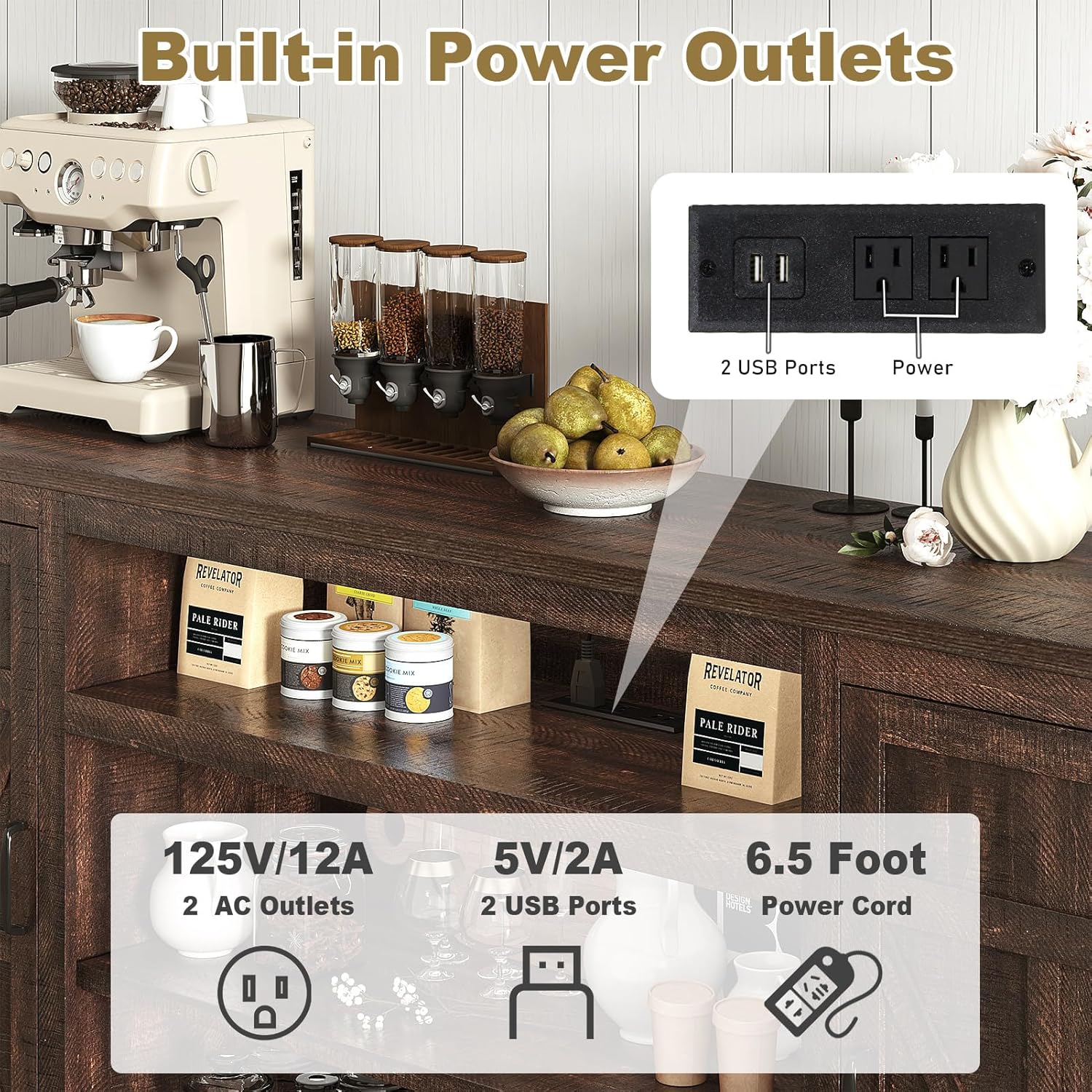 XVD 75" Farmhouse Coffee Bar Cabinet with Charging Station, Sideboard Buffet Cabinet with Large Storage, Wood Buffet Storage Cabinets with Adjustable Shelves for Kitchen, Living Room, Brown