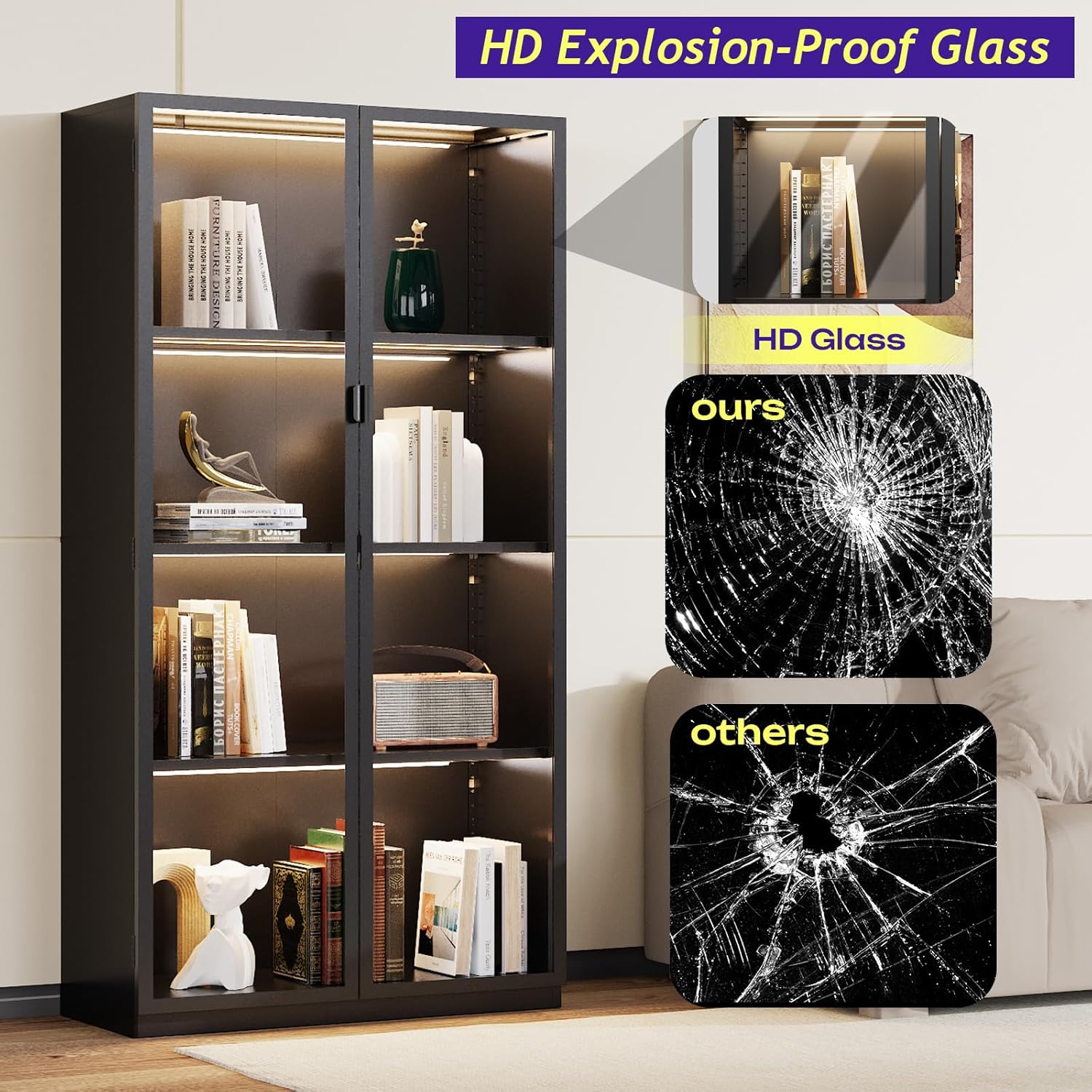 Display Cabinet with Glass Doors, 4-Tier Curio Cabinet with 3 Color Lights,Glass Display Case for Collectibles with Adjustable Shelves-Toys,Books,Figures,Exhibit(63" Black)