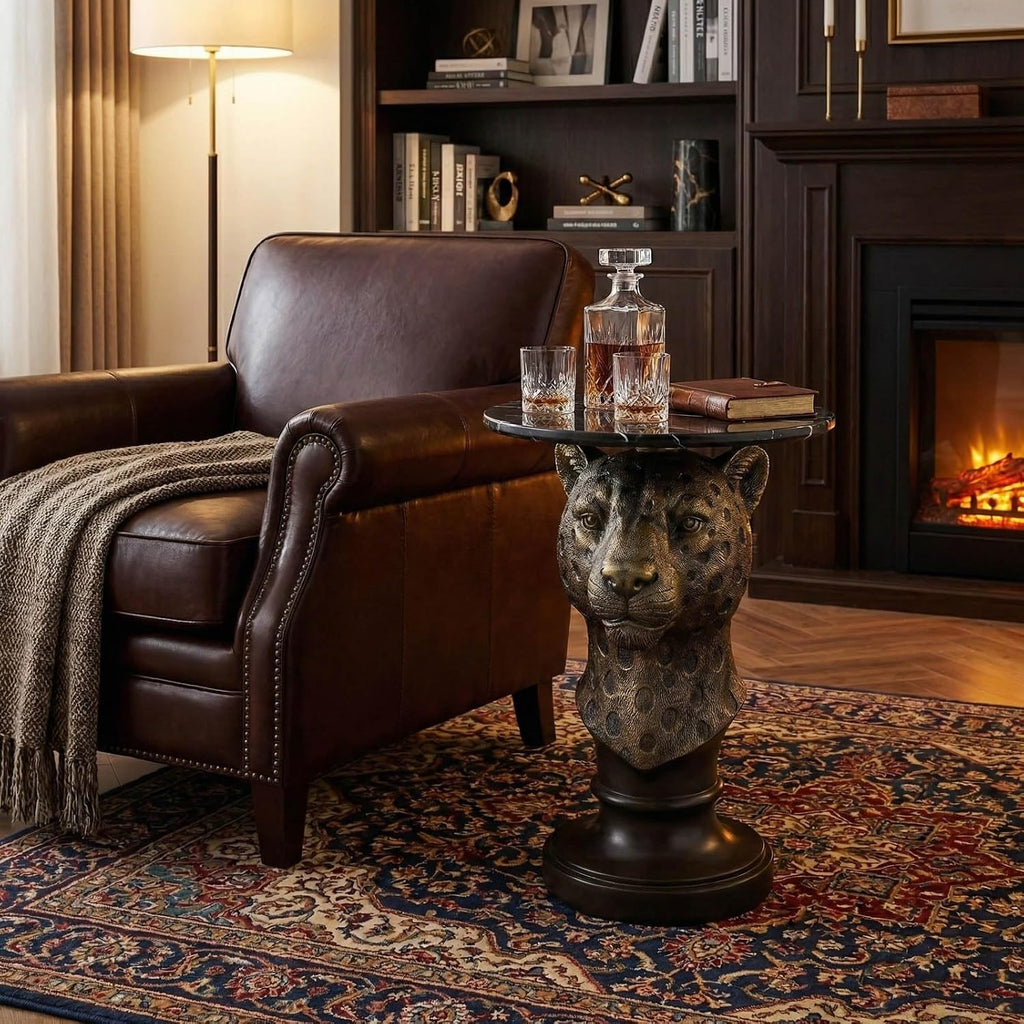 Animal Accent Side Table with Faux Marble Top, Art Deco End Table with Leopard Base, Unique Statue Table for Living Room Bedroom Entryway Home Office