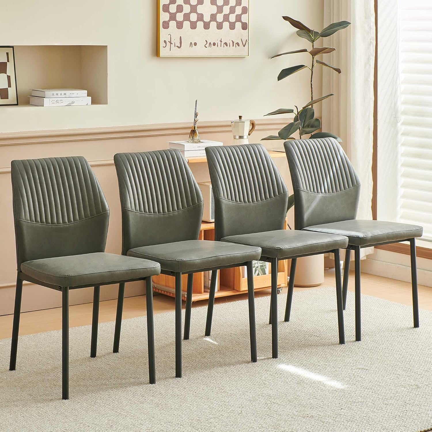Dining Room Chairs Set of 4, PU Leather Seats with Black Metal Legs, Waterproof Chairs Set of 4 for Kitchen & Dining Room, 15-Min Assembly - Dark Grey