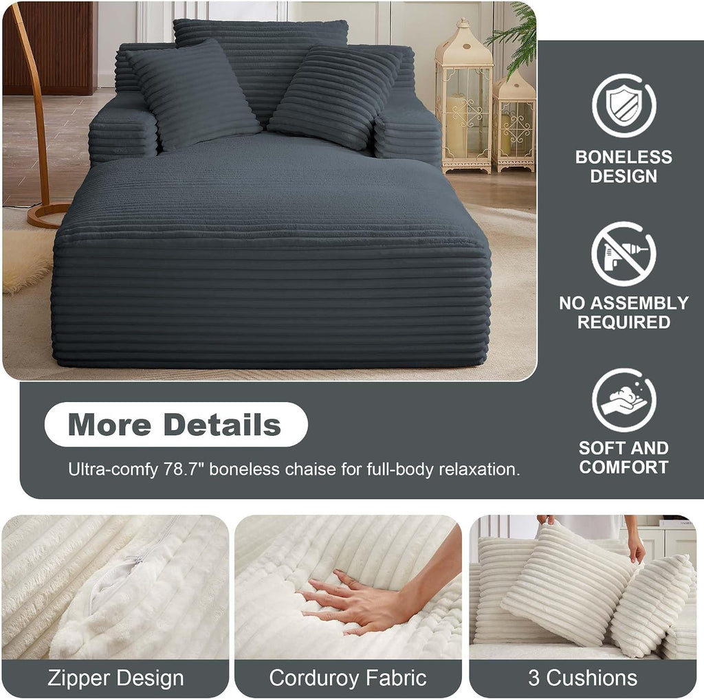 Tmsan Oversized Chaise Lounge Chair Indoor, 78.7" Extra Deep Boneless Corduroy Lounge Couch Bed with 2 Pillows, Single Seat Reading Chairs for Living Room,Bedroom,Apartment,No Assembly Required